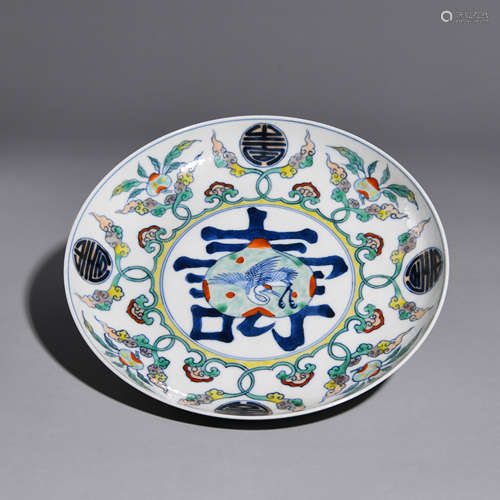 A BLUE AND WHITE OVERGLAZED  PLATE WITH “SHOU”PATTERNS