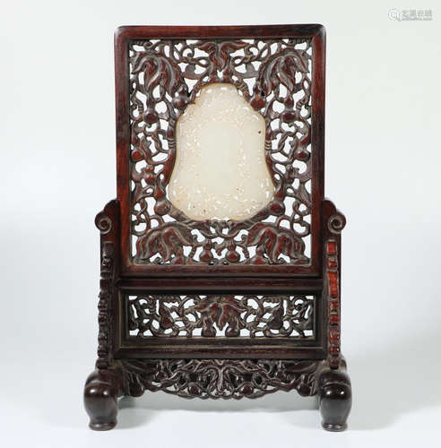 CHINESE WHITE JADE PLAQUE ON ROSEWOOD TABLE SCREEN