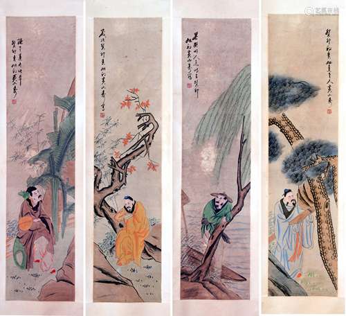 CHINESE INK AND COLOR SCROLL PAINTING, SET OF 4