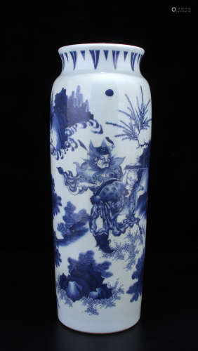 A BLUE AND WHITE TUBE BOTTLE  PAINTED WITH CHARACTERS