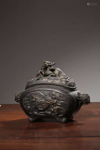 CHINESE BRONZE QILIN COVER CENSER