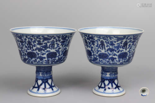 Chinese Pair Of Blue And White Lotus Pattern Porcelain Stem Cups