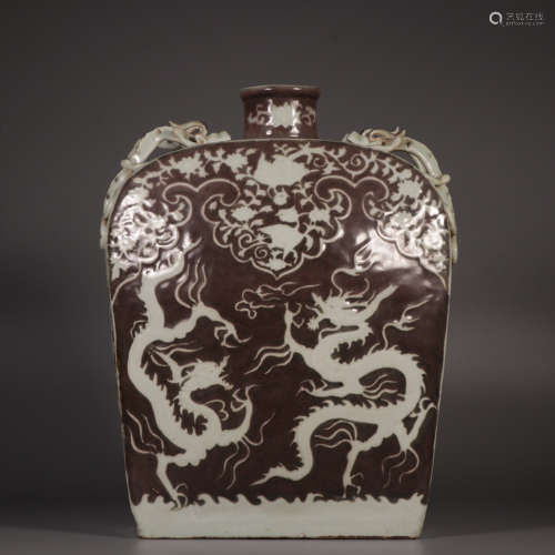 Chinese Fanhong Glazed Dragon Pattern Porcelain Flat Bottle