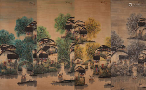 Chinese Four Screens Of Painting And Calligraphy 