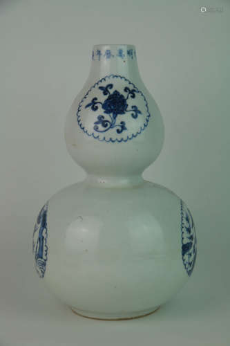 明 甜白釉青花鳥紋葫蘆瓶