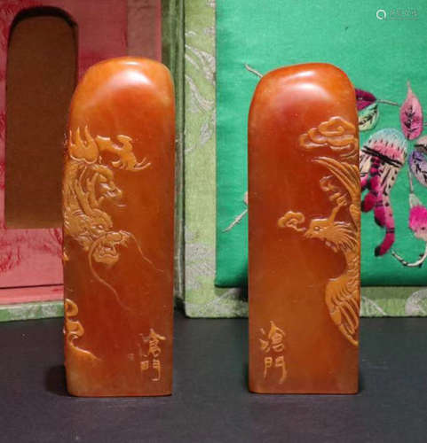 PAIR OF TIANHUANG STONE SEAL CARVED WITH DRAGON&PHOENIX