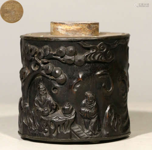 DAOGUANGNIANZHI MARK ZITAN WOOD JAR CARVED WITH STORY