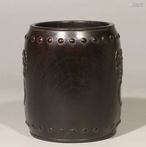 ZITAN WOOD BRUSH POT CARVED WITH BEAST