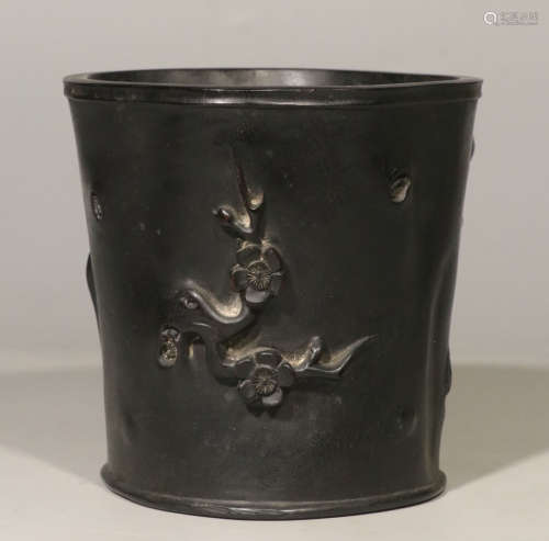 ZITAN WOOD BRUSH POT CARVED WITH PLUM FLOWER