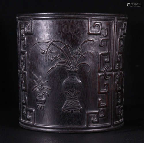 ZITAN WOOD BRUSH POT CARVED WITH FLOWER