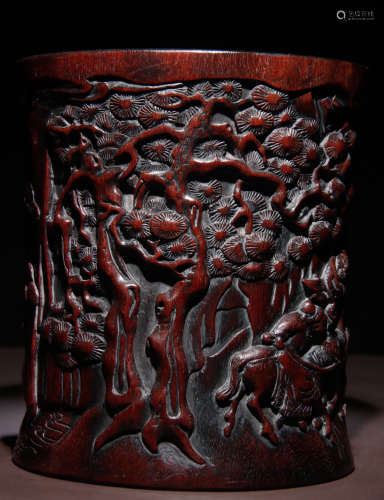 ZITAN WOOD BRUSH POT CARVED WITH STORY