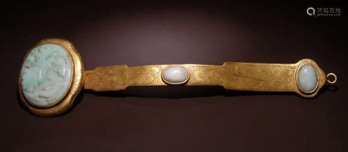 GILT BRONZE RUYI EMBEDDED WITH JADEITE