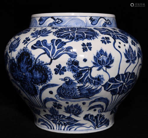 BLUE&WHITE GLAZE JAR PAINTED WITH FLOWER&DUCK