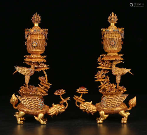 PAIR OF GILT SILVER PAGODA SHAPED WITH BEAST