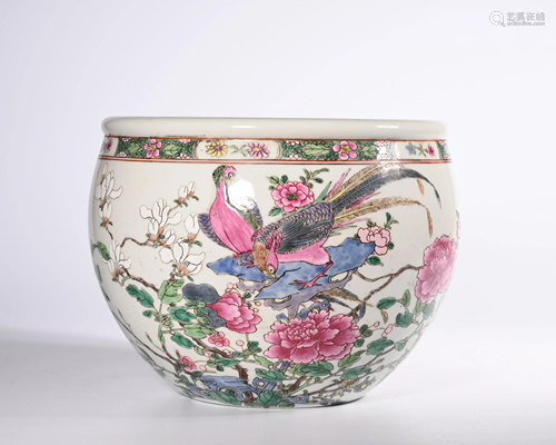 A FAMILLE ROSE BIRD AND FLOWER PORCELAIN VAT