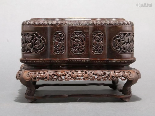 A FINELY CARVED ZITANWOOD JADE-INSET COVERED …