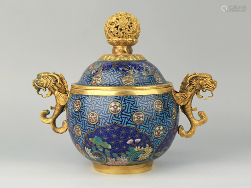 A CLOISONNE ENAMEL DOUBLE-HANDLED INCENSE BURNER,