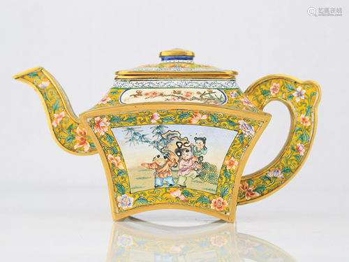 A CANTON ENAMEL ON COPPER TEAPOT WITH QIANLONG …