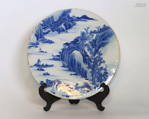 A BLUE AND WHITE LANDSCAPE CIRCULAR PORCELAIN P…