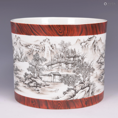 AN INK LANDSCAPE PORCELAIN BRUSH POT