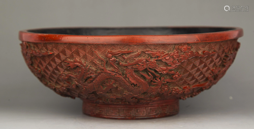 A CARVED RED CINNABAR LACQUERED DRAGON BOWL WITH …