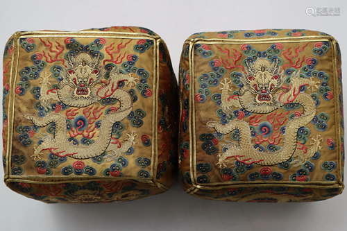 A PAIR OF QING SILK EMBROIDERED DRAGON PILLOWS