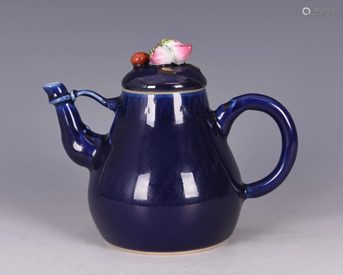 A FAMILLE ROSE DEEP BLUE GLAZED PORCELAIN TEAPOT