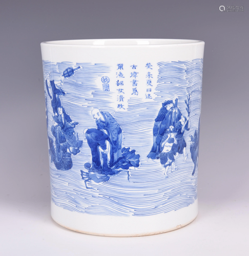 A BLUE AND WHITE EIGHT IMMORTALS PORCELAIN BRUSH POT