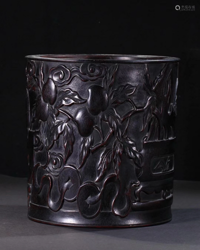 A FINELY CARVED ZITANWOOD BRUSH POT