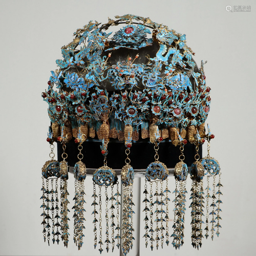 A QING GILT SILVER KINGFISHER FEATHER HEADDRESS