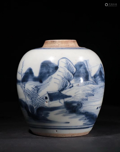 A QIANLONG BLUE AND WHITE LANDSCAPE PORCELAIN JAR