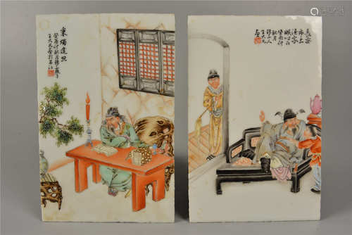 2 plaques en porcelaine - Wang dafan 王大凡 粉彩人物瓷板一对