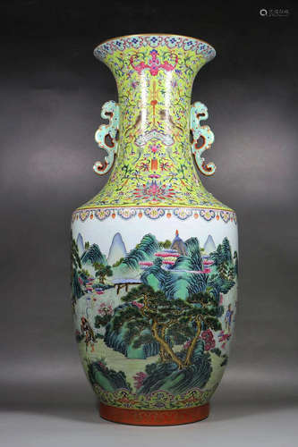 Vase pocelaine émaillée polychrome 粉彩群仙祝寿双耳瓶