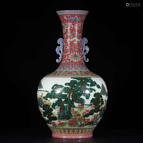 Vase 'Cent Daims' en porcelaine de la famille rose 粉彩百鹿双耳赏瓶