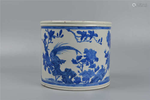 Pot à pinceau porcelaine blanche à décor bleu 青花笔筒