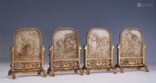 FOUR CHINESE GILT BRONZE INLAID JADE TABLE SCREENS