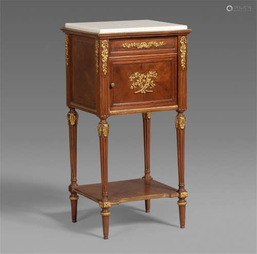 LOUIS XVI STYLE WOOD INLAID GILT BRONZE BEDSIDE TABLE