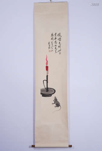 A CHINESE PAINTING MOUSE AND CANDLESTICK