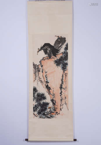 A CHINESE PAINTING EAGLES STANDING ON STONE