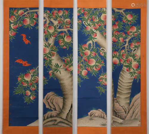 FOUR PANELS OF CHINESE SCROLL PAINTING PEACHES