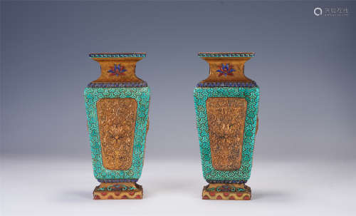 A PAIR OF CHINESE GILT BRONZE INLAID TURQUOISE VIEWS VASES