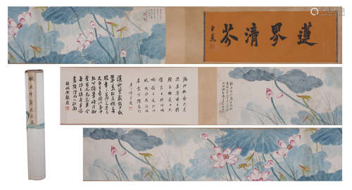 A CHINESE COLORFUL PAINTING LOTUS FLOWERS AND CALLIGRAPHY