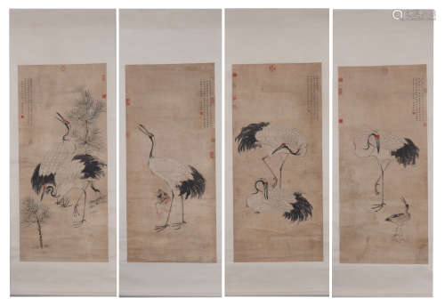 FOUR PANELS OF CHINESE SCROLL PAINTING CRANES