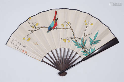 A CHINESE FOLDING FAN PAINTING FLOWERS AND BIRD