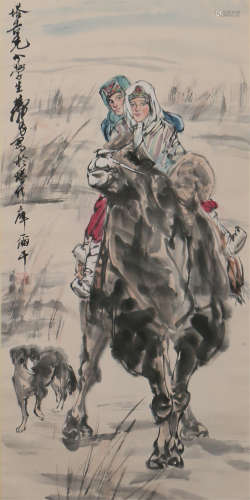 A CHINESE PAINTING FIGURES AND CAMEL