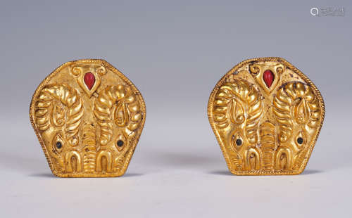 A PAIR OF CHINESE GILT BRONZE ORNAMENTS