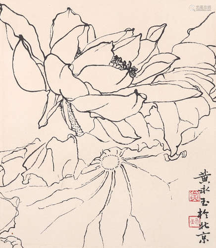 黃永玉 白描花卉 設色紙本 鏡片