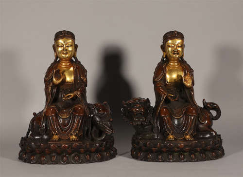 Pair Seated Bronze Gilt Guanyin Yongle Style