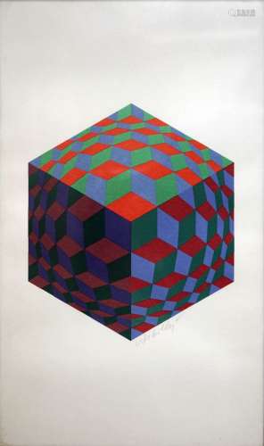 维克多-瓦萨雷利（1906-1997）六边形构图。石版画签名。49 x 29厘米
