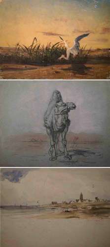 查尔斯-埃米尔-瓦谢-德-图尔内（1812-1872）鹭鸟捕鱼。布面油画，无担...